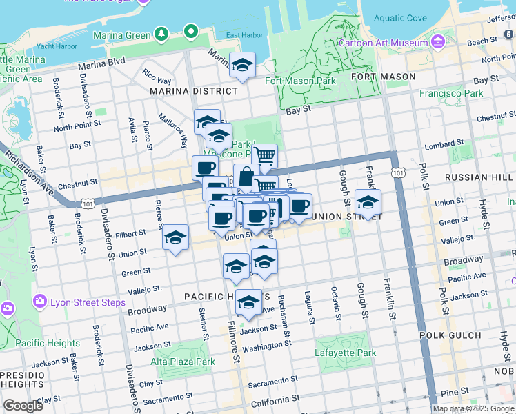 map of restaurants, bars, coffee shops, grocery stores, and more near 2028 Filbert Street in San Francisco