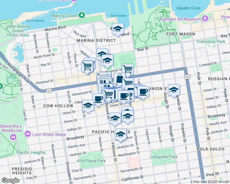 map of restaurants, bars, coffee shops, grocery stores, and more near 113 Pixley Street in San Francisco