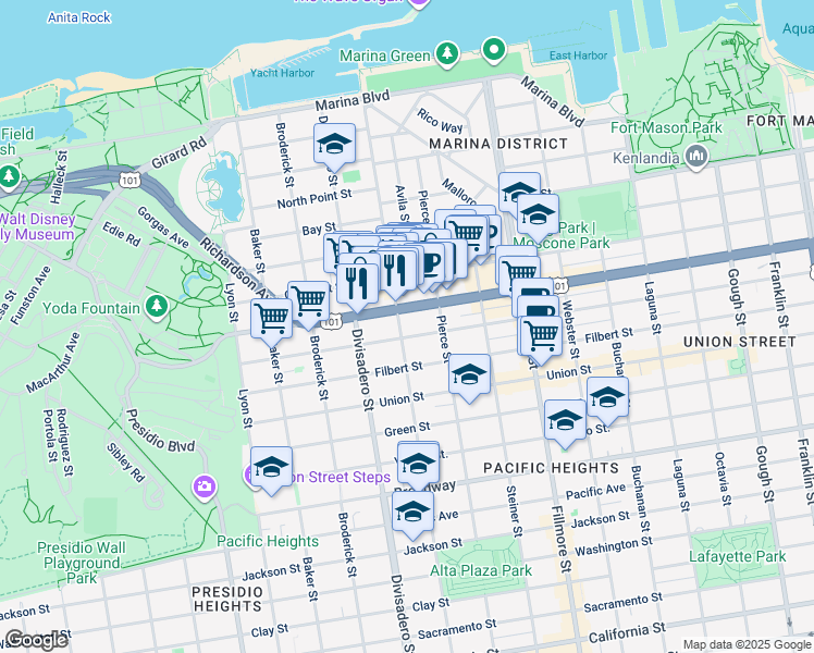 map of restaurants, bars, coffee shops, grocery stores, and more near 2474 Greenwich Street in San Francisco