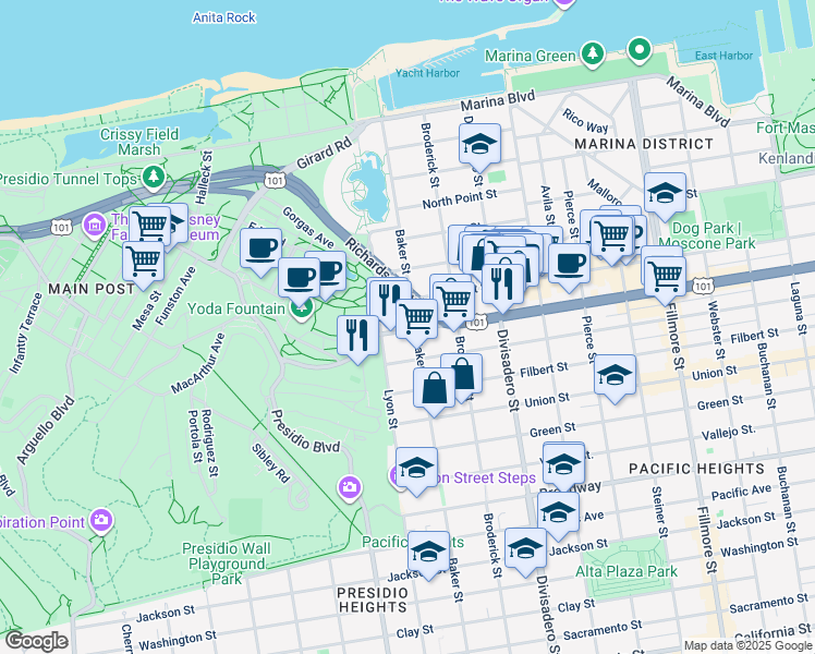 map of restaurants, bars, coffee shops, grocery stores, and more near 2729 Lombard Street in San Francisco