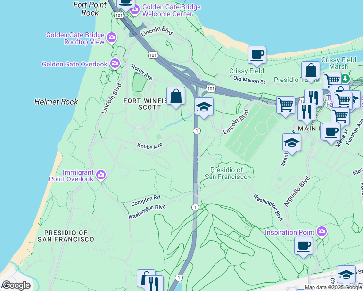 map of restaurants, bars, coffee shops, grocery stores, and more near 1308 Kobbe Avenue in San Francisco