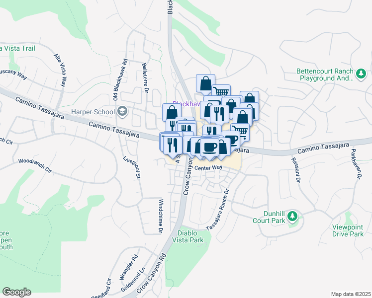 map of restaurants, bars, coffee shops, grocery stores, and more near 8000 Crow Canyon Road in Danville
