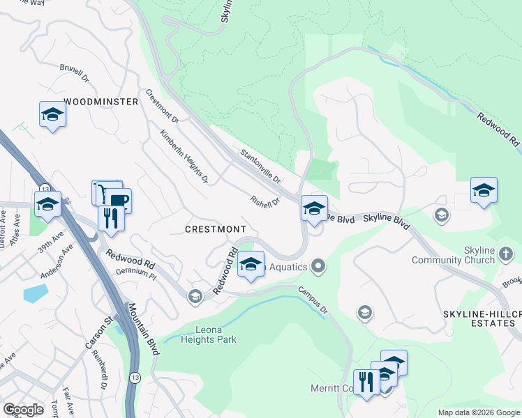 map of restaurants, bars, coffee shops, grocery stores, and more near 335 Rishell Drive in Oakland