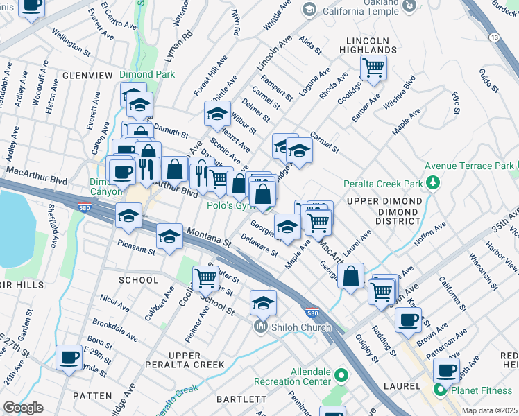 map of restaurants, bars, coffee shops, grocery stores, and more near 2825 MacArthur Boulevard in Oakland