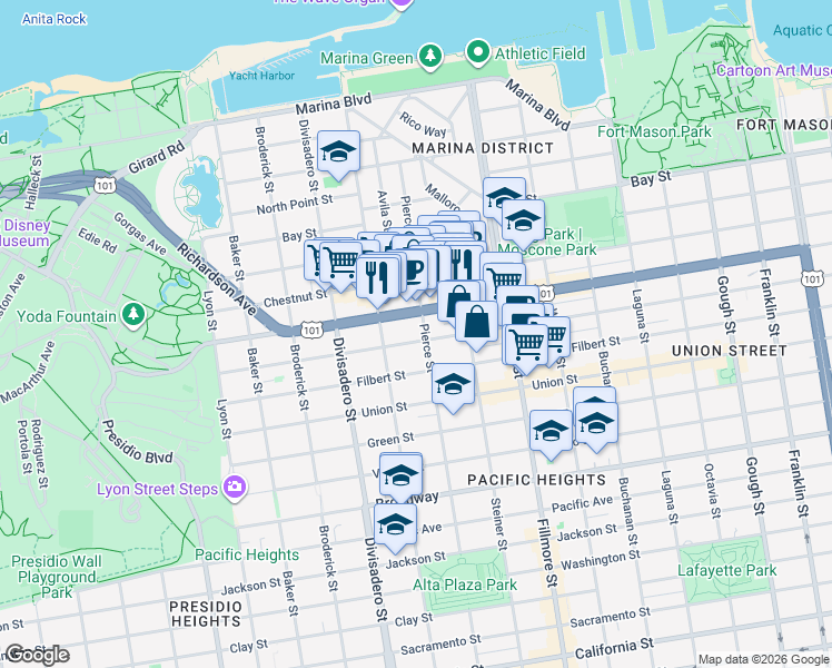 map of restaurants, bars, coffee shops, grocery stores, and more near 2399 Greenwich Street in San Francisco