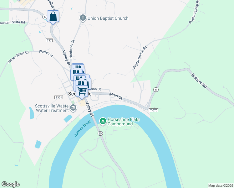 map of restaurants, bars, coffee shops, grocery stores, and more near 482-534 Main St in Scottsville