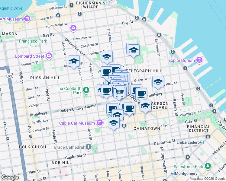 map of restaurants, bars, coffee shops, grocery stores, and more near 2 Emery Lane in San Francisco