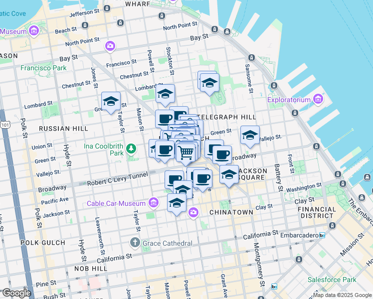 map of restaurants, bars, coffee shops, grocery stores, and more near 729 Vallejo Street in San Francisco