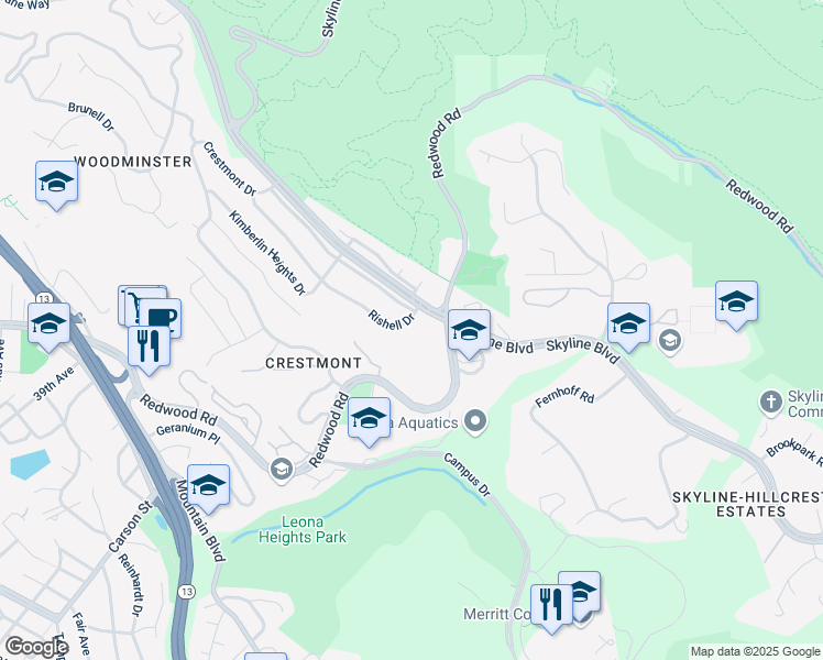 map of restaurants, bars, coffee shops, grocery stores, and more near 11883 Skyline Boulevard in Oakland