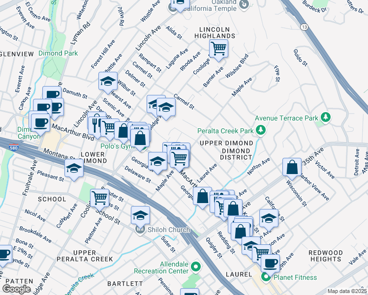 map of restaurants, bars, coffee shops, grocery stores, and more near in Piedmont