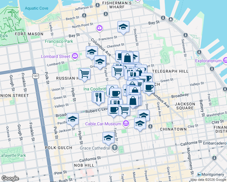 map of restaurants, bars, coffee shops, grocery stores, and more near 950-998 Vallejo Street in San Francisco