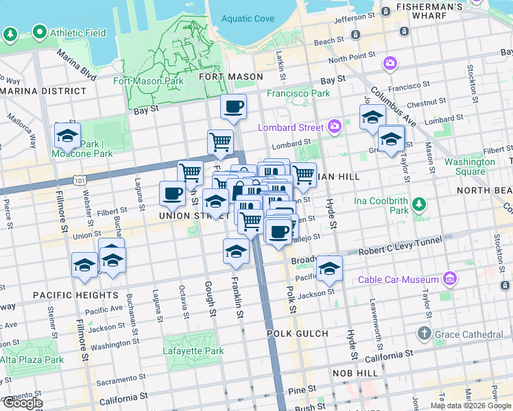 map of restaurants, bars, coffee shops, grocery stores, and more near 2500 Van Ness Avenue in San Francisco