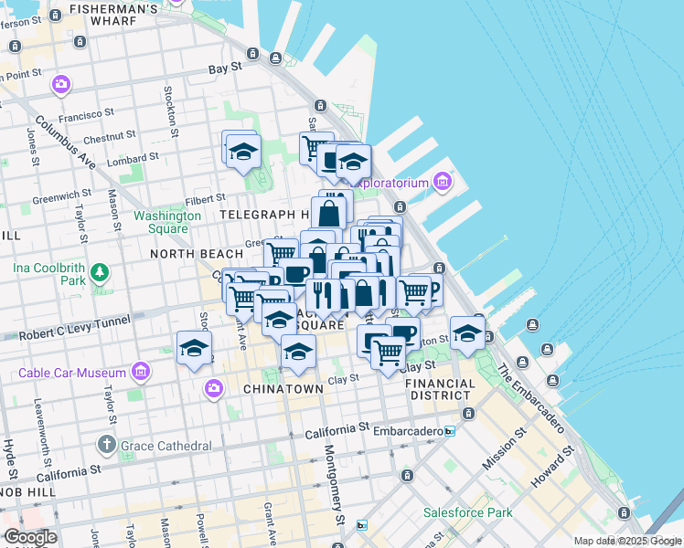 map of restaurants, bars, coffee shops, grocery stores, and more near 250 Broadway in San Francisco