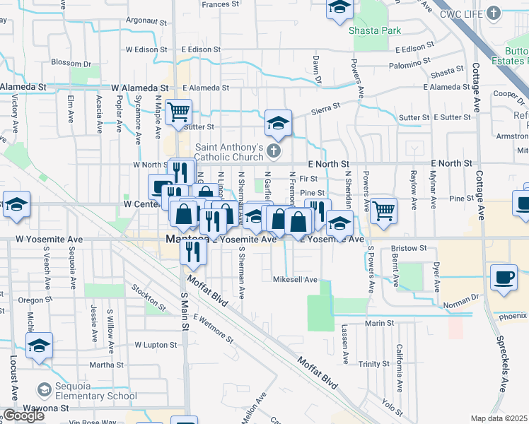 map of restaurants, bars, coffee shops, grocery stores, and more near 133 North Garfield Avenue in Manteca