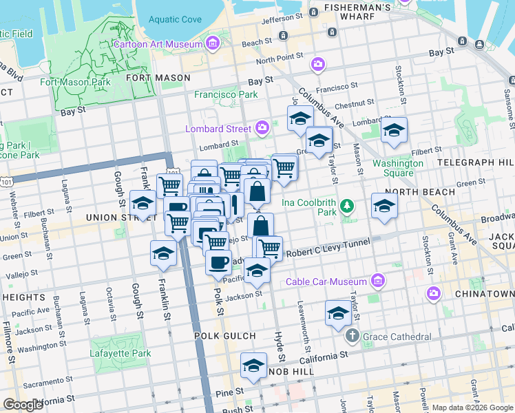 map of restaurants, bars, coffee shops, grocery stores, and more near Hyde Street & Russell Street in San Francisco