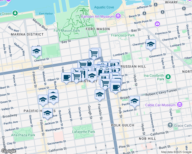 map of restaurants, bars, coffee shops, grocery stores, and more near 2622 Franklin Street in San Francisco