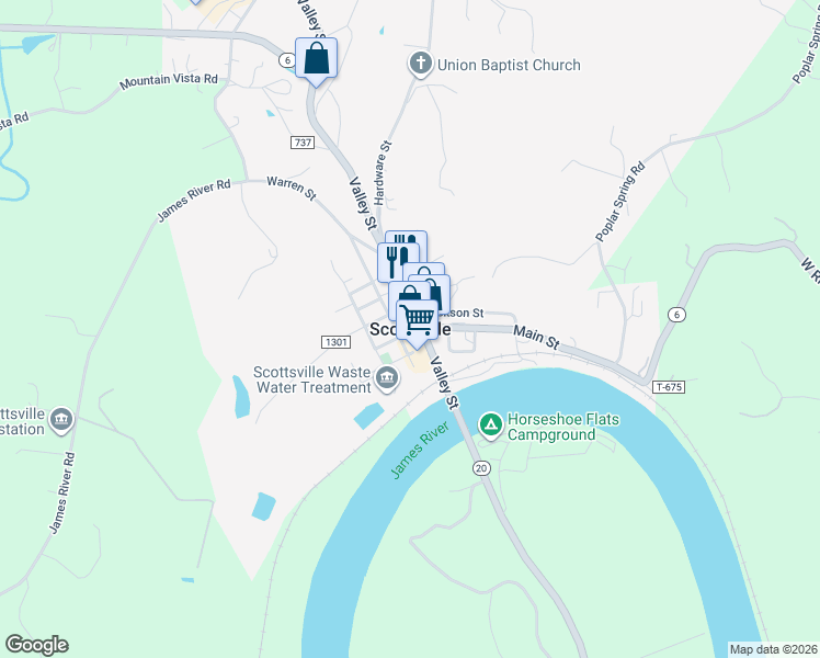map of restaurants, bars, coffee shops, grocery stores, and more near in Scottsville