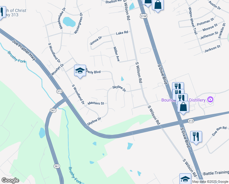 map of restaurants, bars, coffee shops, grocery stores, and more near 106 Arthur Court in Radcliff