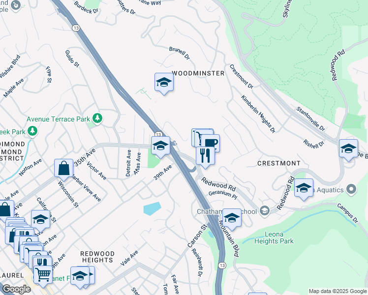 map of restaurants, bars, coffee shops, grocery stores, and more near in Oakland