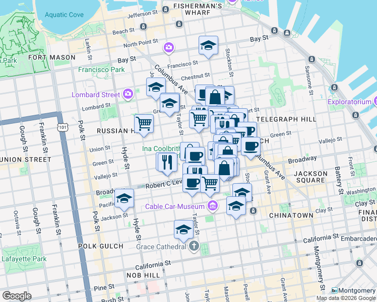 map of restaurants, bars, coffee shops, grocery stores, and more near 950-998 Vallejo Street in San Francisco