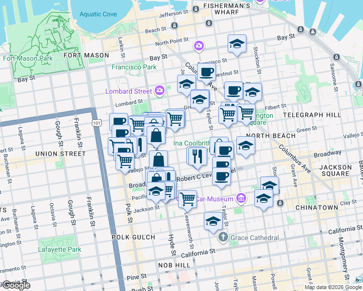 map of restaurants, bars, coffee shops, grocery stores, and more near in San Francisco