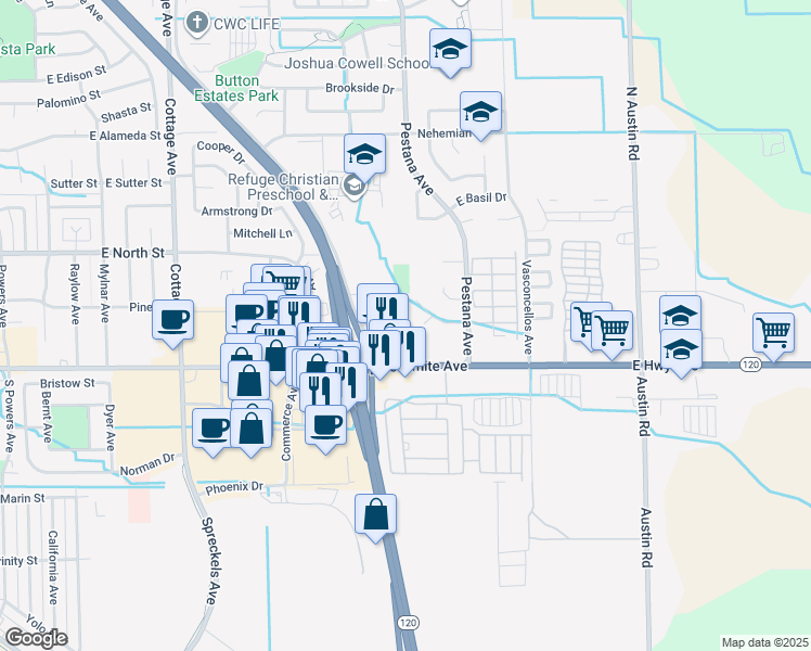 map of restaurants, bars, coffee shops, grocery stores, and more near 1735 East Yosemite Avenue in Manteca