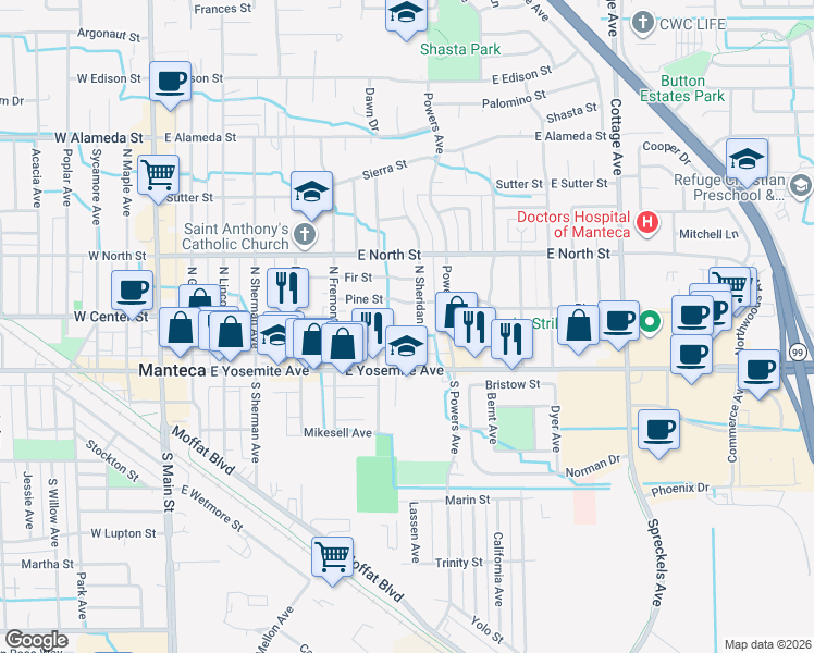 map of restaurants, bars, coffee shops, grocery stores, and more near 721 Stewart Street in Manteca