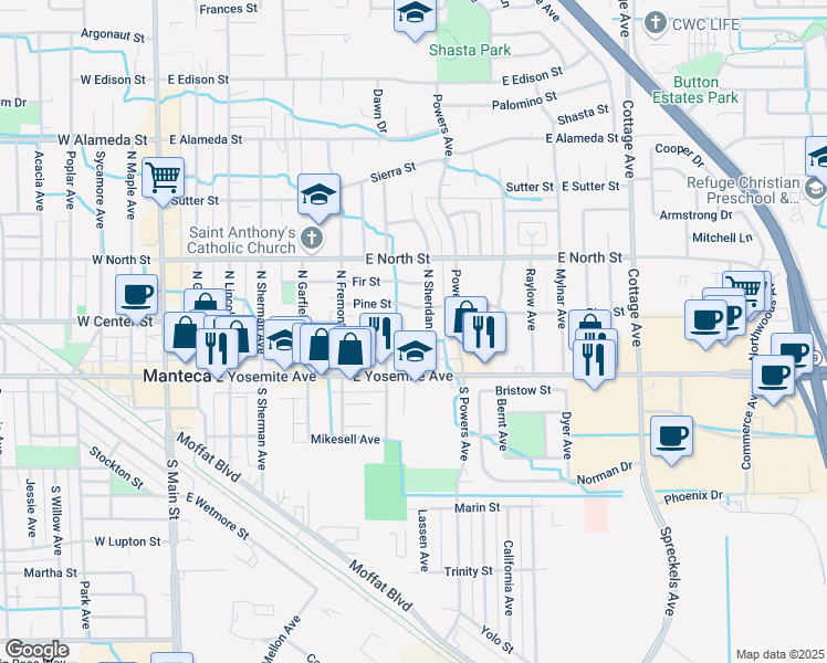 map of restaurants, bars, coffee shops, grocery stores, and more near 721 Stewart Street in Manteca