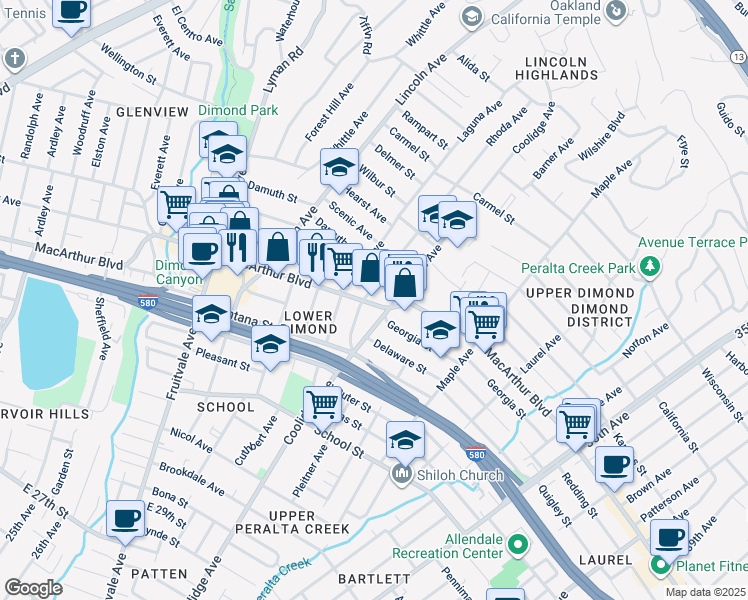 map of restaurants, bars, coffee shops, grocery stores, and more near in Oakland