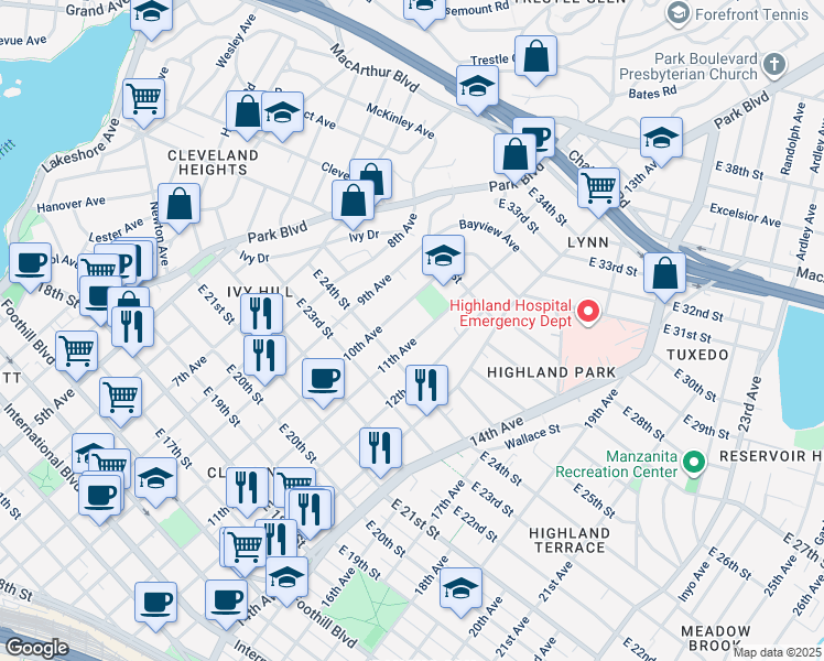 map of restaurants, bars, coffee shops, grocery stores, and more near 2423 11th Avenue in Oakland