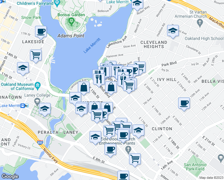 map of restaurants, bars, coffee shops, grocery stores, and more near 319 East 17th Street in Oakland
