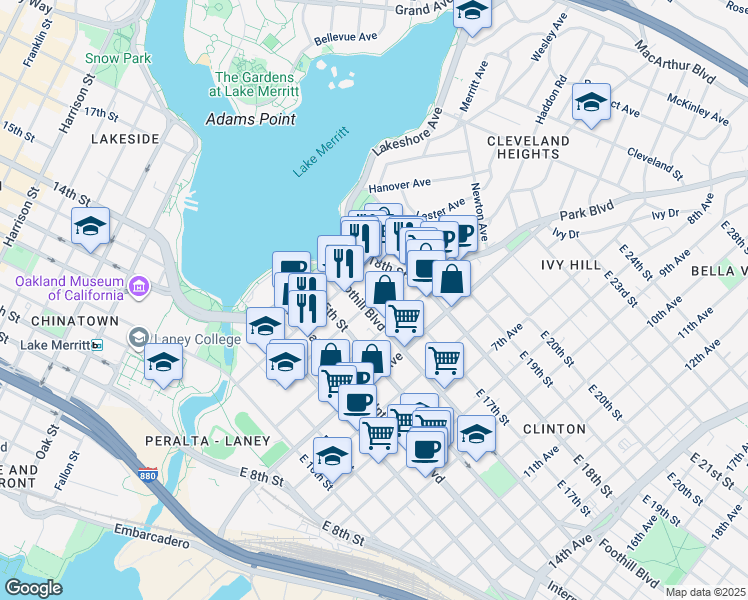 map of restaurants, bars, coffee shops, grocery stores, and more near 319 East 17th Street in Oakland