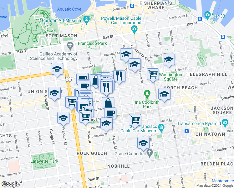 map of restaurants, bars, coffee shops, grocery stores, and more near 1134 Green Street in San Francisco