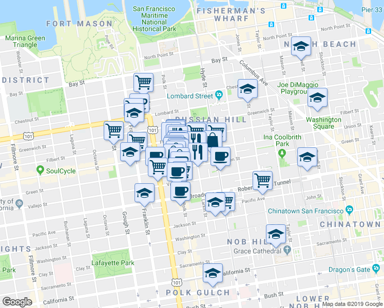 map of restaurants, bars, coffee shops, grocery stores, and more near 2235 Larkin Street in San Francisco