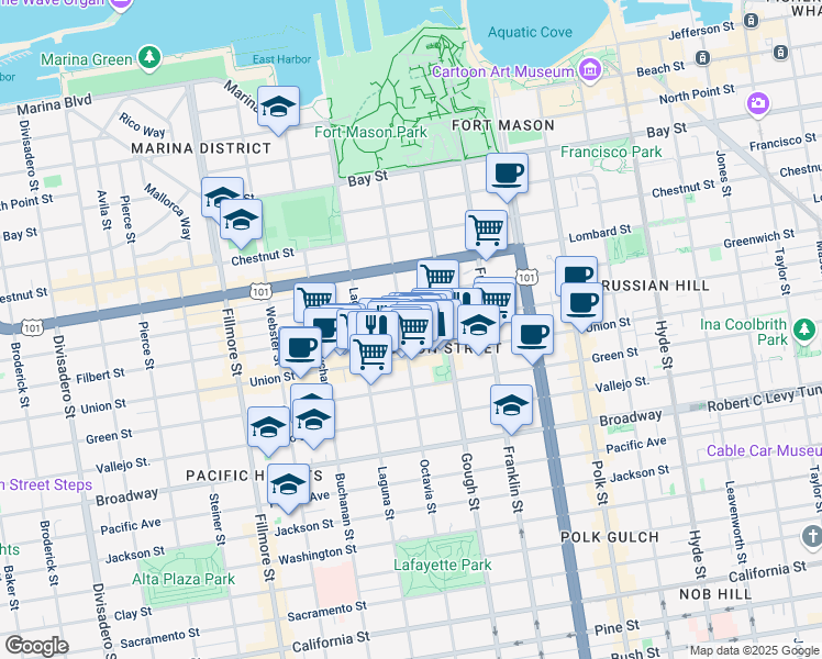 map of restaurants, bars, coffee shops, grocery stores, and more near 2826A Octavia Street in San Francisco