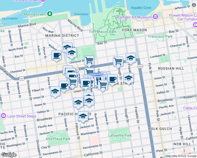 map of restaurants, bars, coffee shops, grocery stores, and more near 1980 Union Street in San Francisco
