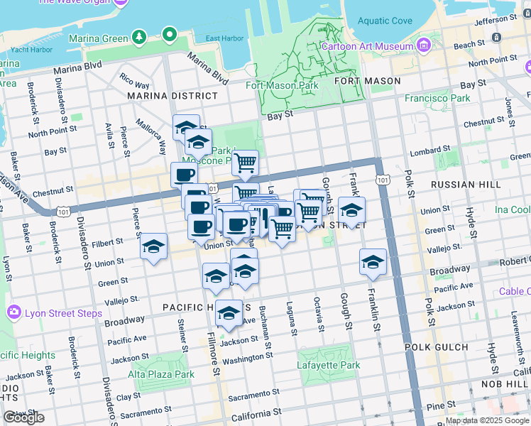 map of restaurants, bars, coffee shops, grocery stores, and more near 1980 Union Street in San Francisco