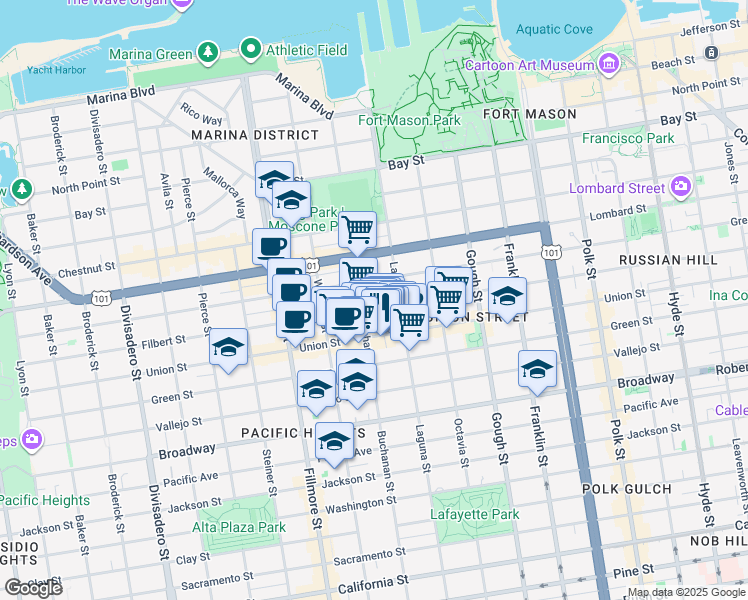 map of restaurants, bars, coffee shops, grocery stores, and more near 1964 Filbert Street in San Francisco