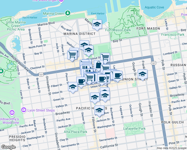 map of restaurants, bars, coffee shops, grocery stores, and more near 113 Pixley Street in San Francisco