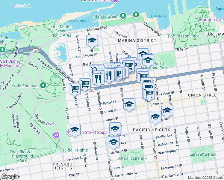 map of restaurants, bars, coffee shops, grocery stores, and more near 2474 Greenwich Street in San Francisco
