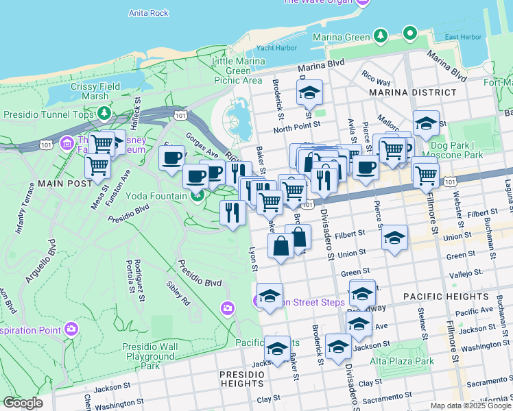 map of restaurants, bars, coffee shops, grocery stores, and more near 2729 Lombard Street in San Francisco