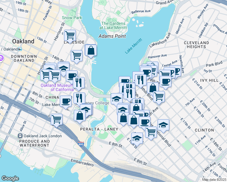 map of restaurants, bars, coffee shops, grocery stores, and more near 1200 Lakeshore Avenue in Oakland
