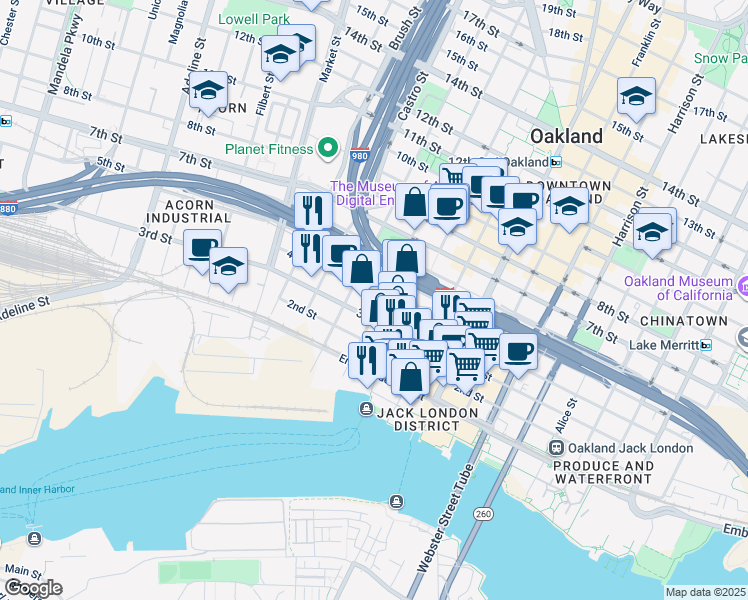 map of restaurants, bars, coffee shops, grocery stores, and more near 622 3rd Street in Oakland