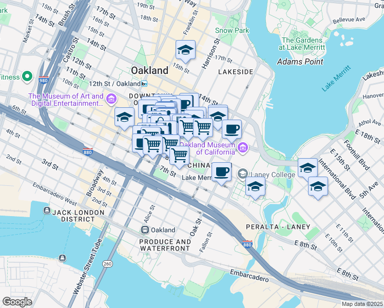 map of restaurants, bars, coffee shops, grocery stores, and more near 825 Jackson Street in Oakland