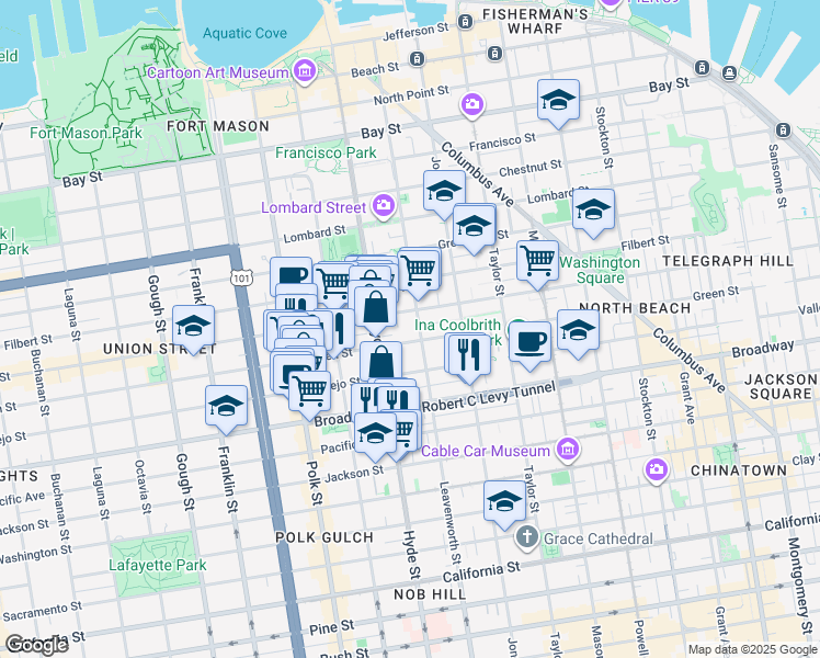 map of restaurants, bars, coffee shops, grocery stores, and more near 1925 Leavenworth Street in San Francisco