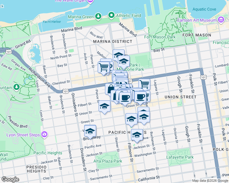 map of restaurants, bars, coffee shops, grocery stores, and more near 2251 Greenwich Street in San Francisco