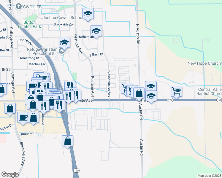 map of restaurants, bars, coffee shops, grocery stores, and more near 2006 Hyannis Circle in Manteca