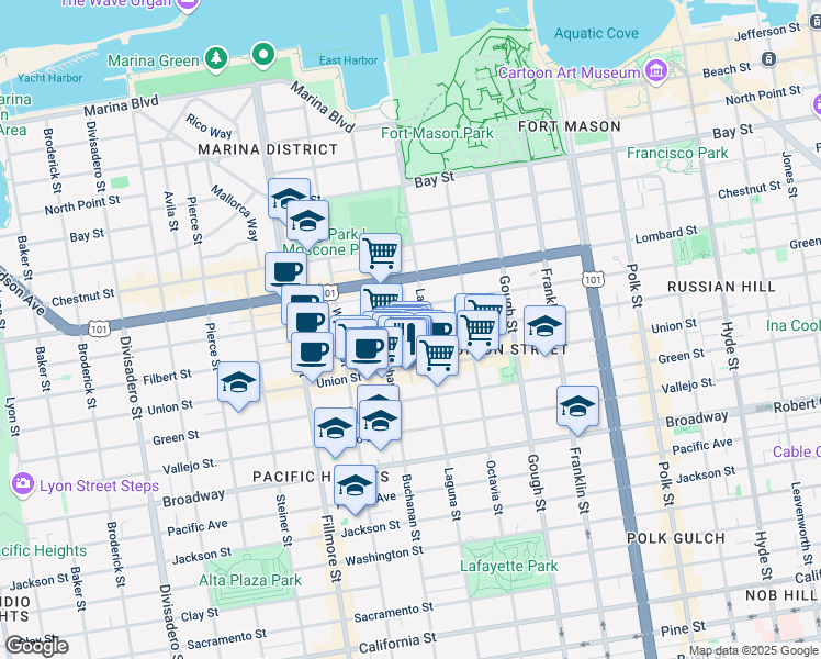 map of restaurants, bars, coffee shops, grocery stores, and more near 1980 Union Street in San Francisco
