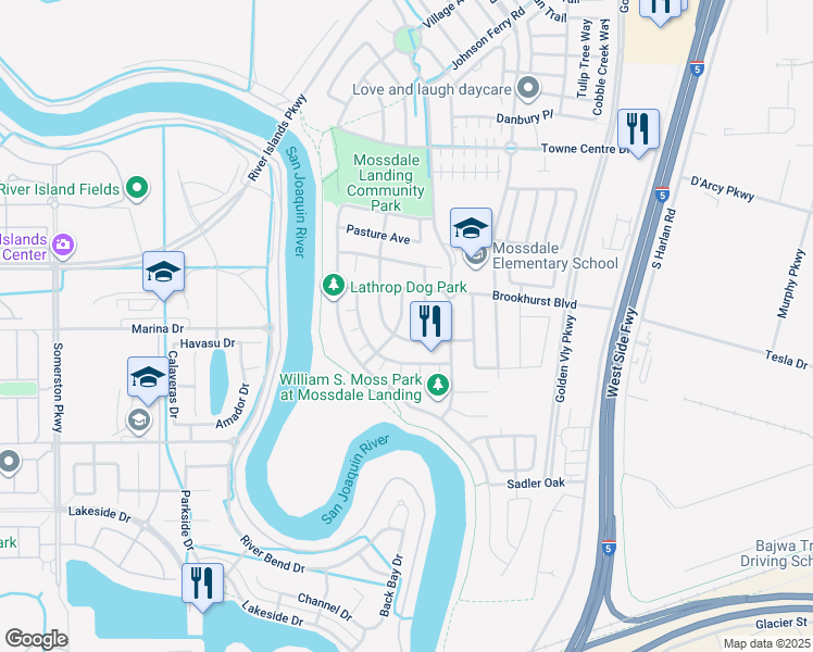 map of restaurants, bars, coffee shops, grocery stores, and more near in Lathrop
