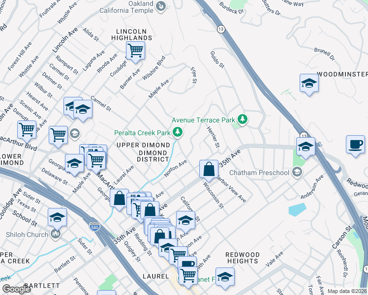 map of restaurants, bars, coffee shops, grocery stores, and more near 3312 Wisconsin Street in Oakland